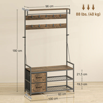 Hall Tree with Bench, Shoe Rack, 10 Hooks, 2 Fabric Drawers