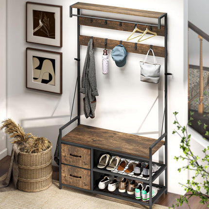 Hall Tree with Bench, Shoe Rack, 10 Hooks, 2 Fabric Drawers