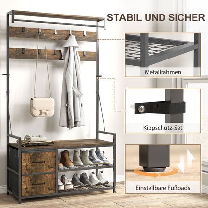 Hall Tree with Bench, Shoe Rack, 10 Hooks, 2 Fabric Drawers