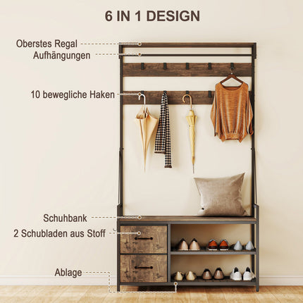 Hall Tree with Bench, Shoe Rack, 10 Hooks, 2 Fabric Drawers