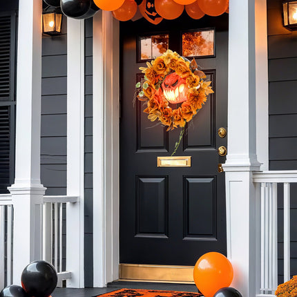 Halloween Wreath, Pumpkin Design, Autumn Leaves, LED Effects