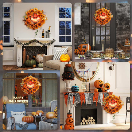 Halloween Wreath, Pumpkin Design, Autumn Leaves, LED Effects