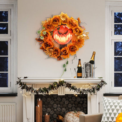 Halloween Wreath, Pumpkin Design, Autumn Leaves, LED Effects