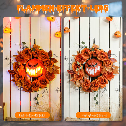 Halloween Wreath, Pumpkin Design, Autumn Leaves, LED Effects