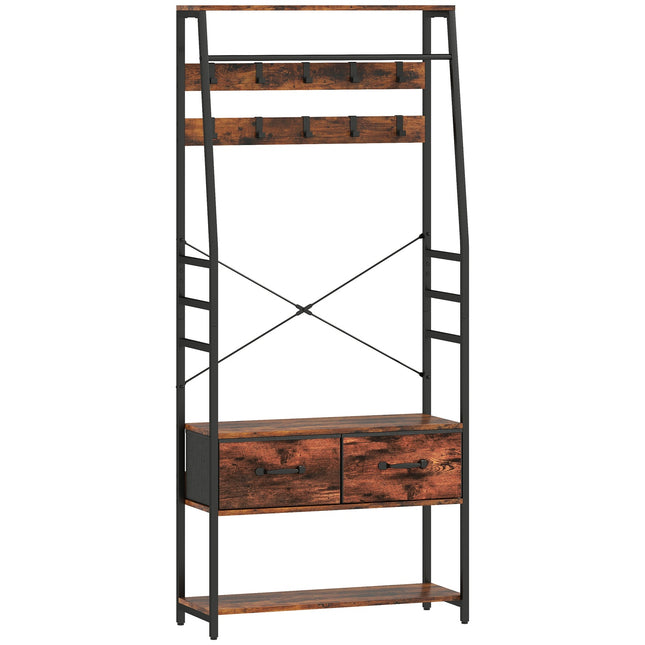 Halkapstok met schoenenplank, bankje, 10 haken, bruin