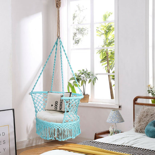 Hammock Chair Swing, Macrame Cotton Backrest, Turquoise
