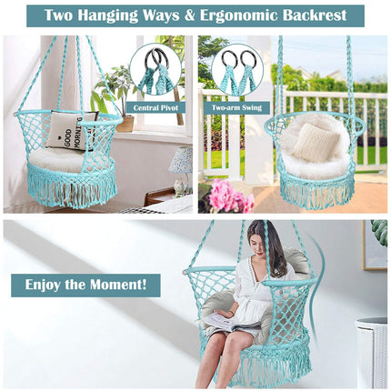 Hammock Chair Swing, Macrame Cotton Backrest, Turquoise