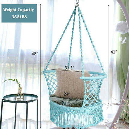 Hammock Chair Swing, Macrame Cotton Backrest, Turquoise