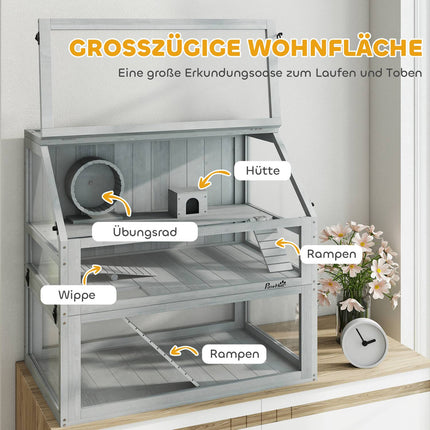 Hamster Cage, 3 Levels, Deep Base, 80x50x76cm, Light Gray