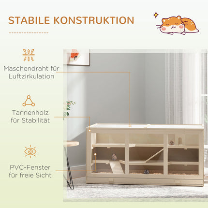 Hamster cage with stairs, natural wood, 3-tier, 115x57x55cm