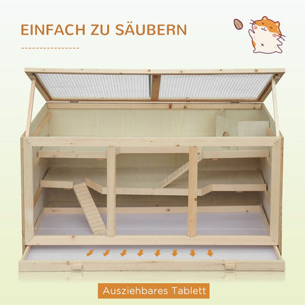 Hamster cage with stairs, natural wood, 3-tier, 115x57x55cm