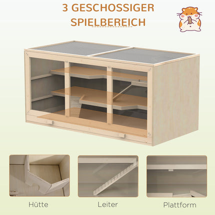 Hamster cage with stairs, natural wood, 3-tier, 115x57x55cm