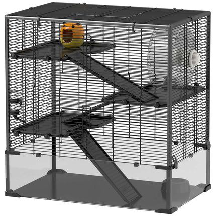 Hamsterkooi voor dwerghamsters, 4-laags knaagdierenkooi met glazen bodem, hut, balanswiel, hellingen, voerbak, kleine dierenkooi dwerghamsterkooi 78,5 x 48,5 x 80 cm zwart