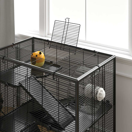 Hamsterkooi voor dwerghamsters, 4-laags knaagdierenkooi met glazen bodem, hut, balanswiel, hellingen, voerbak, kleine dierenkooi dwerghamsterkooi 78,5 x 48,5 x 80 cm zwart