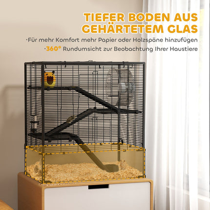 Hamsterkooi voor dwerghamsters, 4-laags knaagdierenkooi met glazen bodem, hut, balanswiel, hellingen, voerbak, kleine dierenkooi dwerghamsterkooi 78,5 x 48,5 x 80 cm zwart