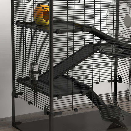 Hamsterkooi voor dwerghamsters, 4-laags knaagdierenkooi met glazen bodem, hut, balanswiel, hellingen, voerbak, kleine dierenkooi dwerghamsterkooi 78,5 x 48,5 x 80 cm zwart