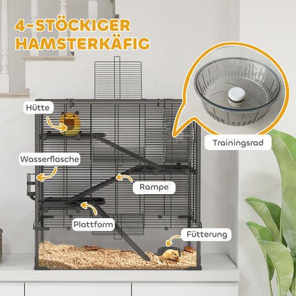 Hamsterkooi voor dwerghamsters, 4-laags knaagdierenkooi met glazen bodem, hut, balanswiel, hellingen, voerbak, kleine dierenkooi dwerghamsterkooi 78,5 x 48,5 x 80 cm zwart