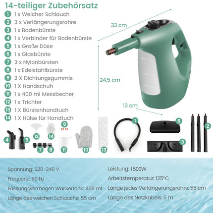 Handheld Steam Cleaner, 1400W, 400ml, 14-Piece Set