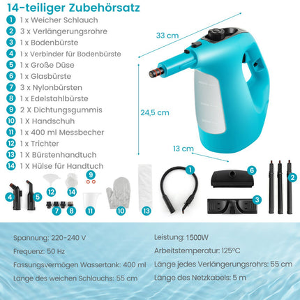 Handheld Steam Cleaner 1400W, 400ml Tank, 14-Piece