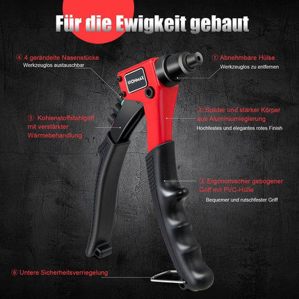 Hand riveter Heavy duty manual rivet gun with 200 rivets Riveting tool kit with carrying case