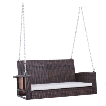 Rattan 2-seat garden swing with cushion - brown, 127x57.5x60 cm