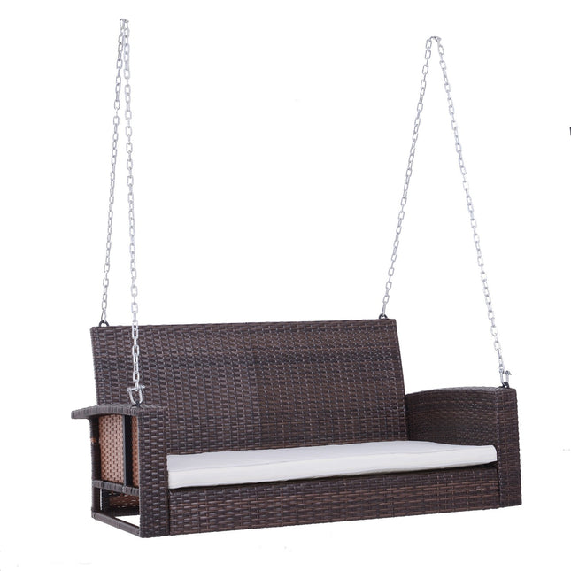 Rattan 2-seat garden swing with cushion - brown, 127x57.5x60 cm