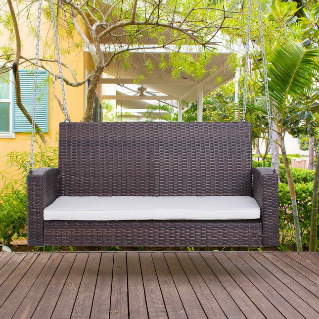 Rattan 2-seat garden swing with cushion - brown, 127x57.5x60 cm