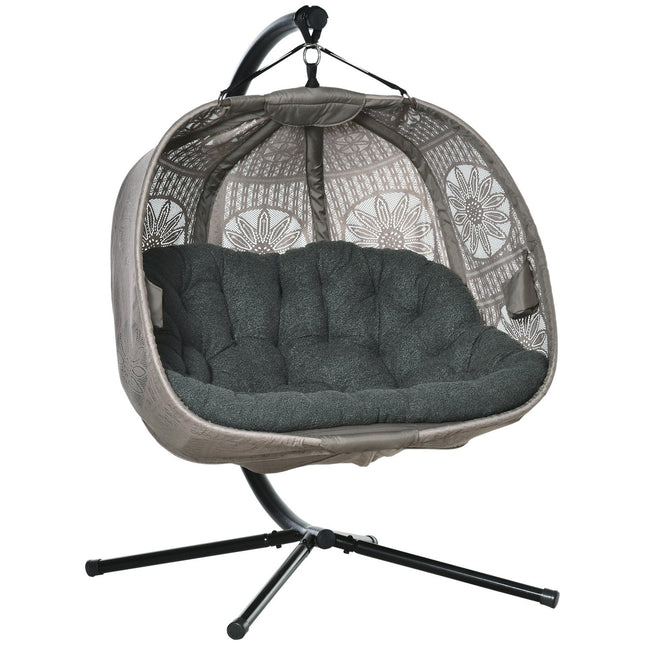 Two-person hanging egg chair with cushion and frame