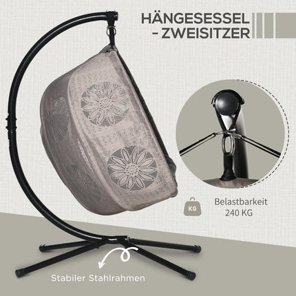 Two-person hanging egg chair with cushion and frame