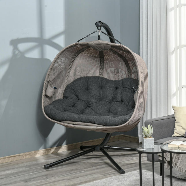 Two-person hanging egg chair with cushion and frame