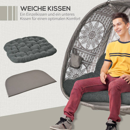 Two-person hanging egg chair with cushion and frame