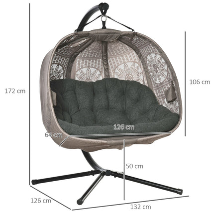 Two-person hanging egg chair with cushion and frame