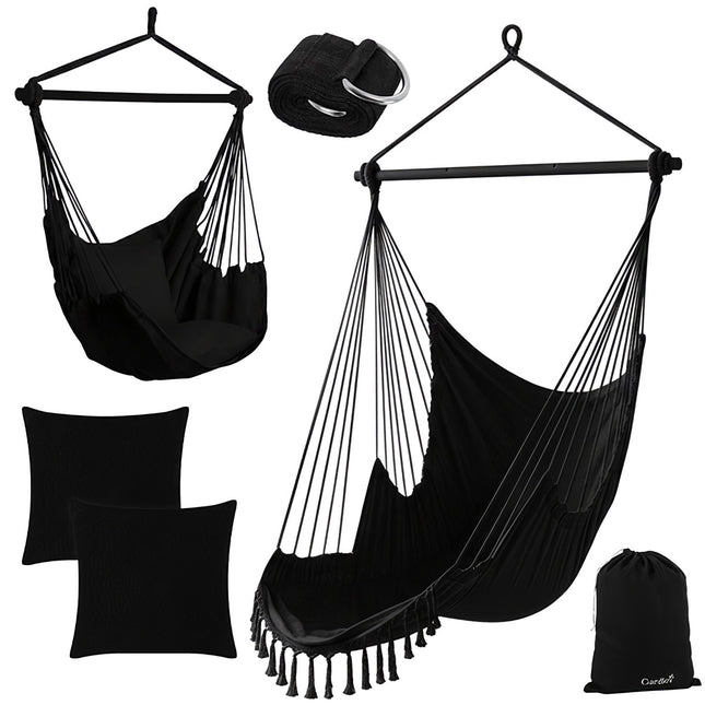 Hanging Chair Swing, 210cm Black, Cotton Fabric, 2 Pillows