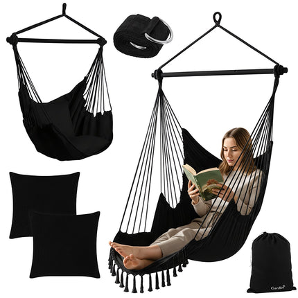 Hanging Chair Swing, 210cm Black, Cotton Fabric, 2 Pillows