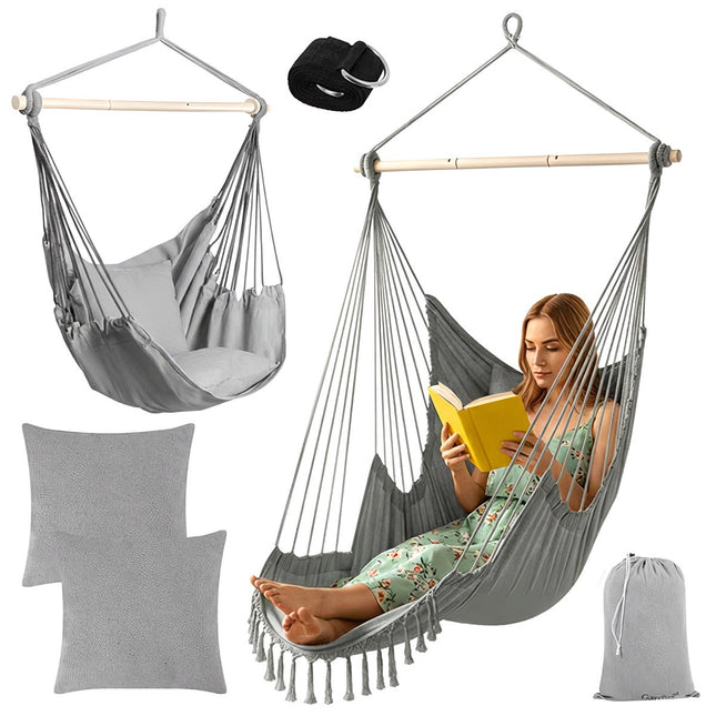 Hanging Chair Swing, 210cm Gray, Cotton Fabric, 2 Cushions