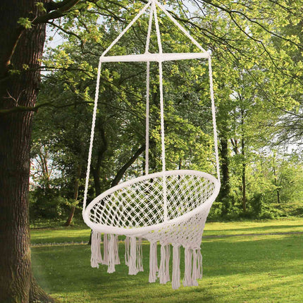 Beige hanging chair in ethnic cotton, UV resistant, weather resistant