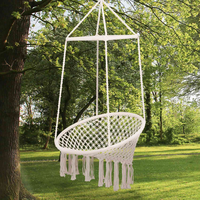 Beige hanging chair in ethnic cotton, UV resistant, weather resistant
