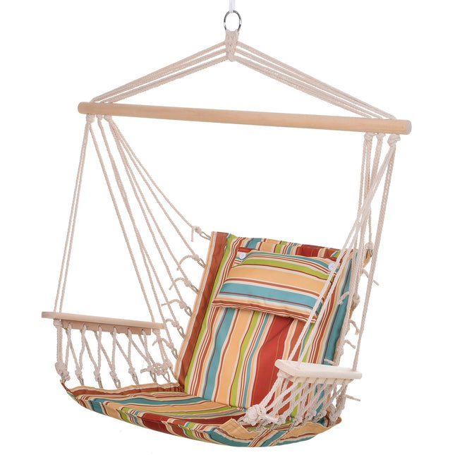 Multicolored hanging chair with cushion, portable, holds 100 kg