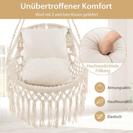 Hanging Chair with 2 Cushions, 150kg Capacity, Beige