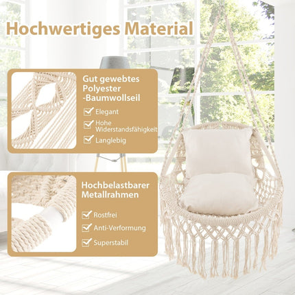 Hanging Chair with 2 Cushions, 150kg Capacity, Beige