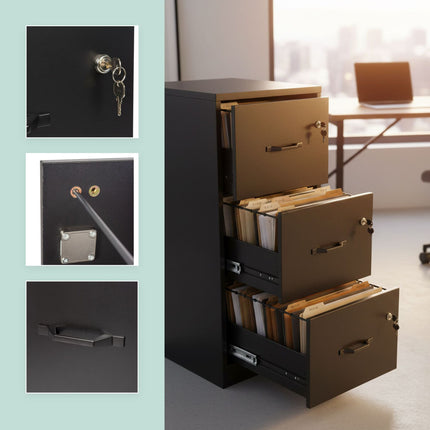 Hanging File Cabinet, 3 Drawers, Lockable, Compact