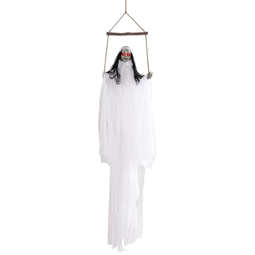 Hanging Halloween Girl Prop with Light-Up Eyes, Creepy Sounds, White Robe