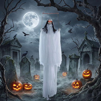 Hanging Halloween Girl Prop with Light-Up Eyes, Creepy Sounds, White Robe