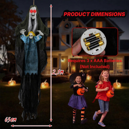 Hanging Halloween Witch Holding Ghost Girl, Sound Activated, Spooky Sounds