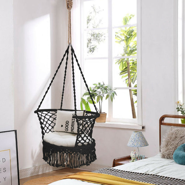 Hanging Hammock Chair, Cotton Macrame Backrest, Black