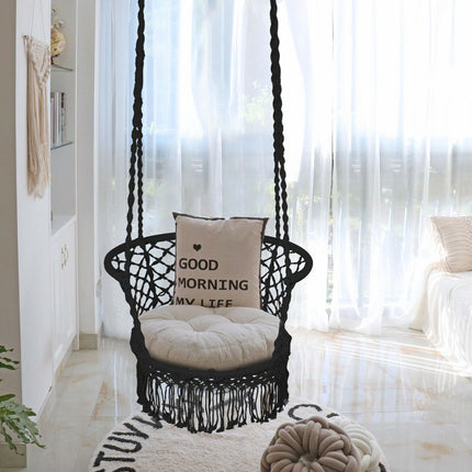 Hanging Hammock Chair, Cotton Macrame Backrest, Black