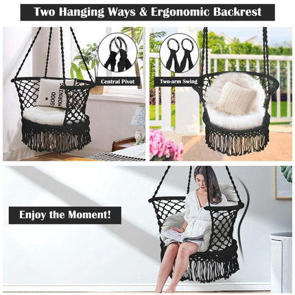 Hanging Hammock Chair, Cotton Macrame Backrest, Black