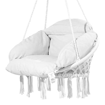 Hanging Hammock Swing Chair, Macrame, Cushion, 264 lb, White