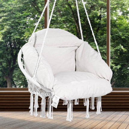 Hanging Hammock Swing Chair, Macrame, Cushion, 264 lb, White