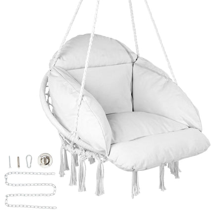 Hanging Hammock Swing Chair, Macrame, Cushion, 264 lb, White